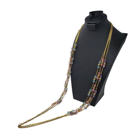 Necklace Opera 28" Gold Tone Chain Pastel Beaded Pink Blue Purple 3pc Set - Picture 3 of 13